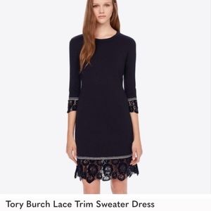 NWT TORY BURCH Navy Blue Merino Wool Sweater Dress w Lace trim